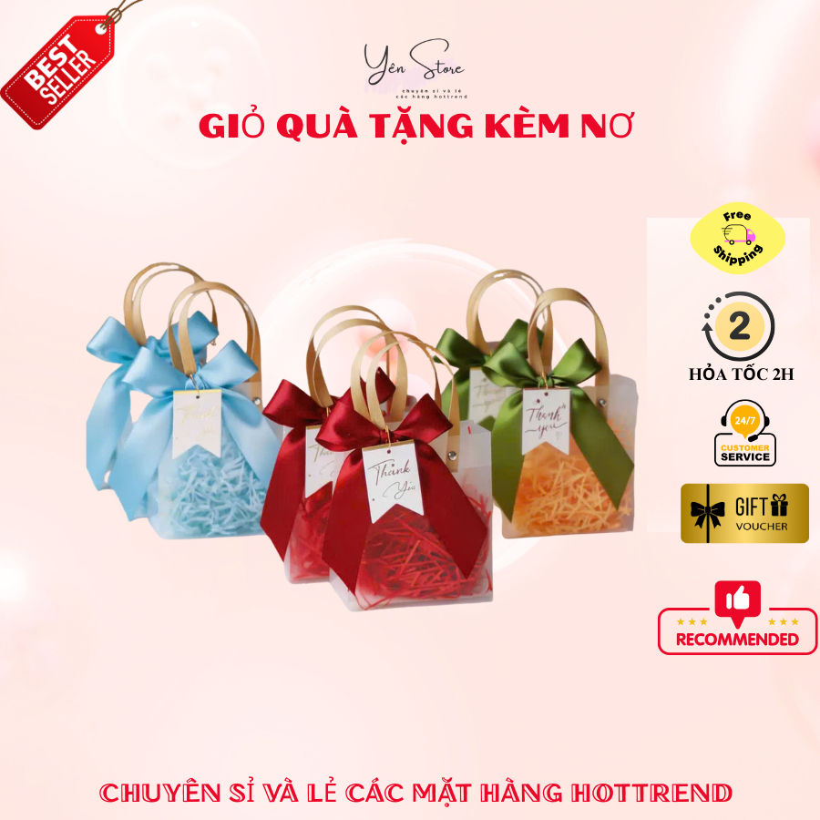 Túi Quà Trong Suốt Dáng Vuông Tặng Kèm Nơ, Trang Trí Giỏ Quà Tặng, Decor Hoa, Trái Cây, Quà Handmade